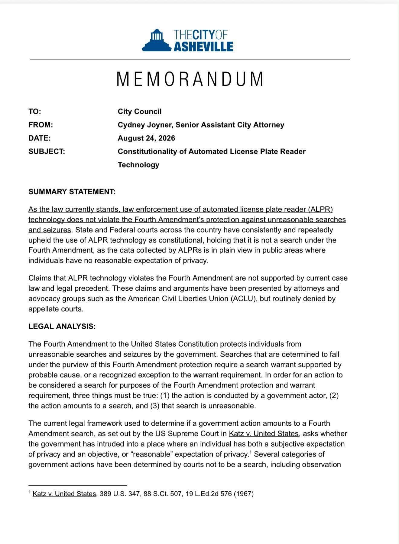 Memo page 1: summary statement and legal analysis