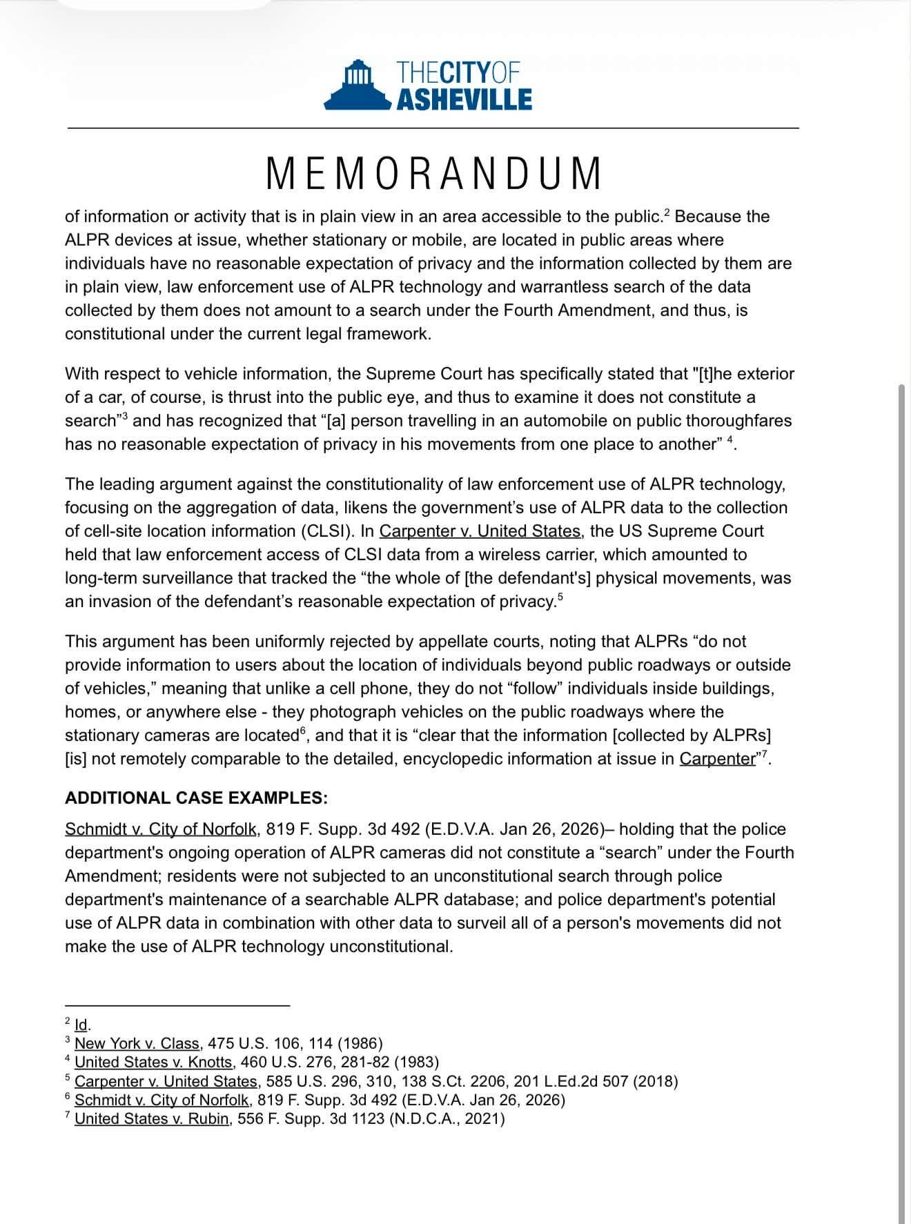 Memo page 2: analysis continued and Schmidt v. City of Norfolk